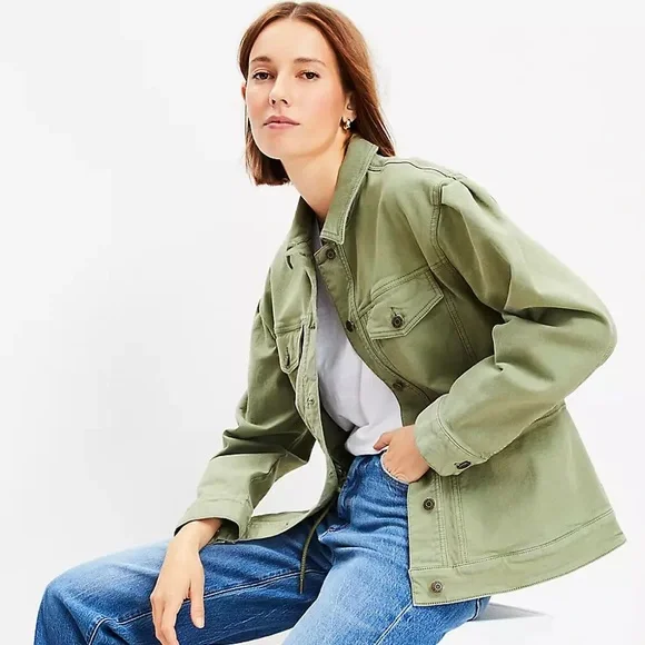 LOFT Puff Sleeve Drawstring Denim Jacket in Olive Green - Picture 2 of 8